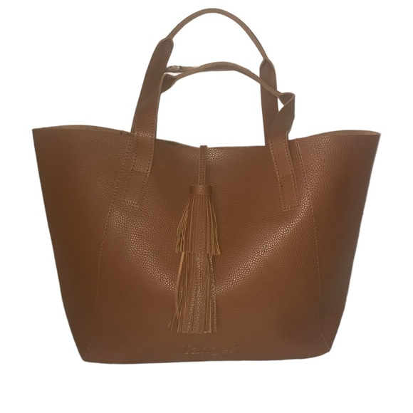 Tanger Brown Pebbled Faux Leather Large Tassel Boho Tote Bag - Picture 11 of 12